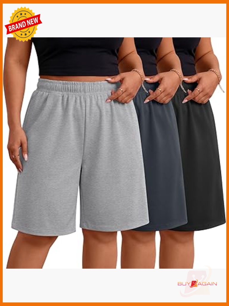 3 Pack Plus Size Bermuda Shorts Knee Length Drawstring Athletic Pockets